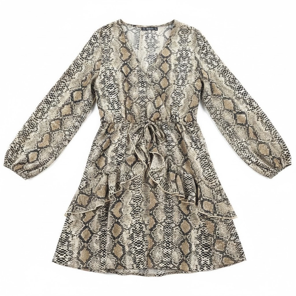 36-Snake Print Wrap Dress Ruffle Tiered Long Sleeve Midi Women's M Buguest